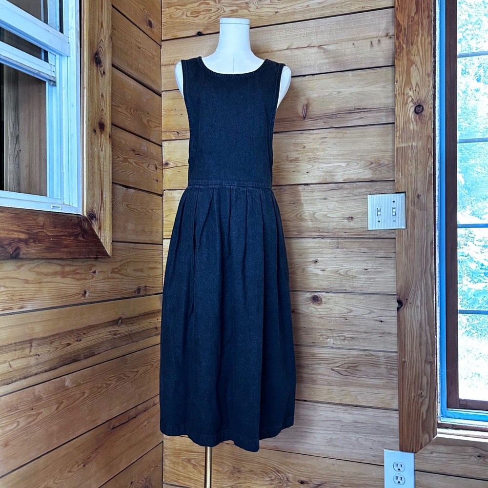Vintage Denim Pinafore Jumper Dress Womens Medium Black Midi Pleated L.L. Bean
